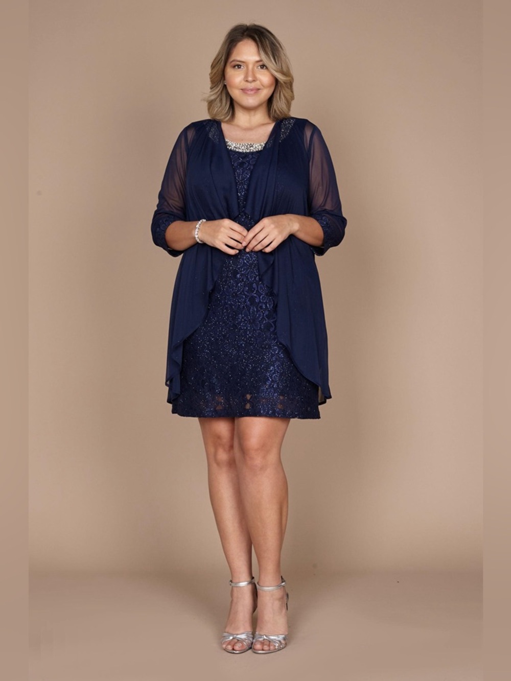 R&M Richards Short Navy Blue Lace Mother of the Bride Dress & Jacket Set Size 12